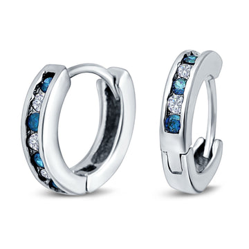 Eternity Huggie Hoop Earrings Channel Round Simulated Blue Topaz Cubic Zirconia 925 Sterling Silver